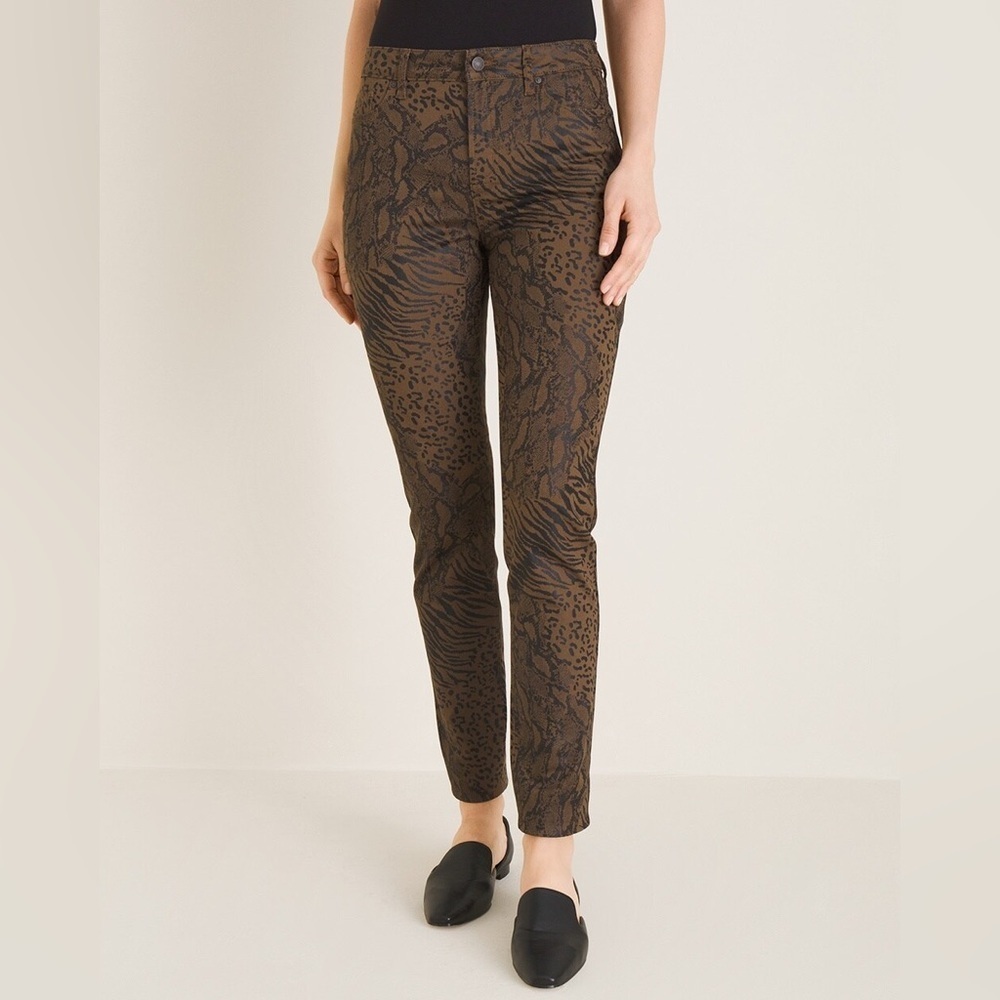 Chicos Coated Animal Print Black Brown Jeggings Pants Size 20